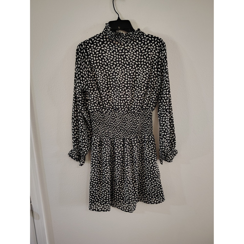 She + Sky Black White Petal Print Smocked Waist High Neck Mini Dress Small